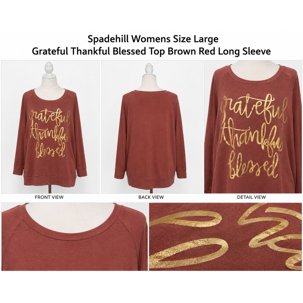 Spadehill Womens Large Grateful Thankful Blessed Top Rust Red Gold Long‎ Sleeve